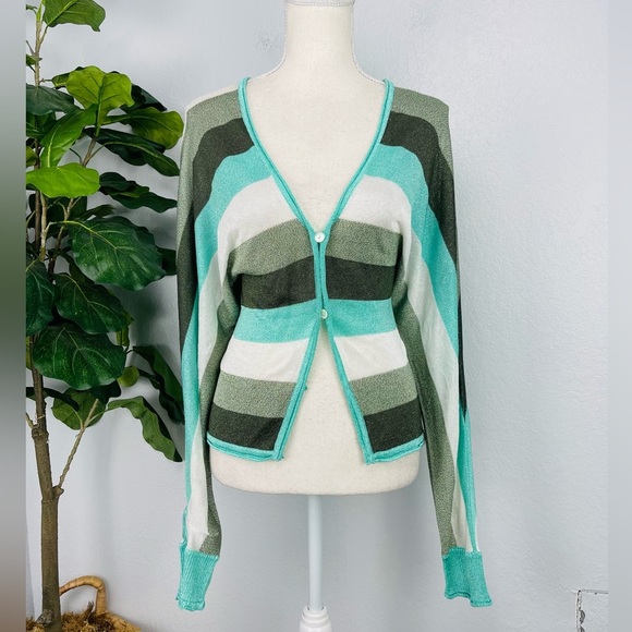 Y2K Galliano Metallic Sparkle Striped Blue Green Open Cárdigan - Picture 1 of 14